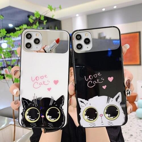 Luxury Cute Cat Tempered Glass Phone Case For iPhone 12 Mini 11 Pro Max XSmax XR X SE 8 7 6 Plus Makeup Mirror Silicone Cover