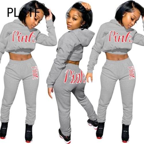 Pink Letter Print Outfits Hoodies 2 Pieces Crop Top And Long Pant Suit Sporty Matching Suit Outfits