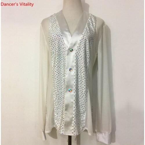 Boys Latin Dance Performance Shirt Mens Kids Rumba Cha-cha Salsa Ballroom Competition Costume Clothing Diamond Dance Tops