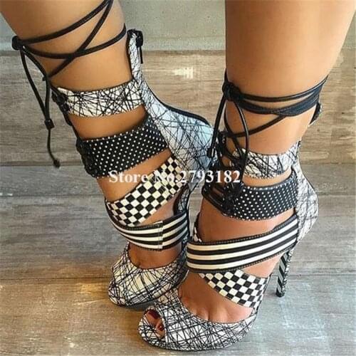 Brand Design Women Fashion Peep Toe Printed White-black Stiletto Heel Gladiator Sandals Lace-up Ankle Strap High Heel Sandals
