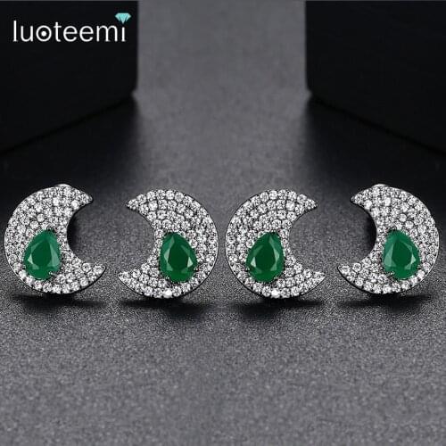 LUOTEEMI Luxury Fashion Moon Stud Earrings AAA Cubic Zirconia Milk Green Color Water Drop CZ Stone Women Earrings Jewelry