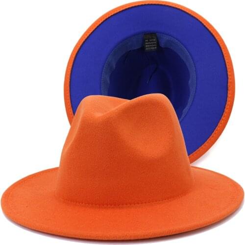 Outer Orange Inner Blue Patchwork Jazz Fedora Hats Men Women Party Music Formal Hat Wide Brim Wool Felt Two Tone Panama Fedoras