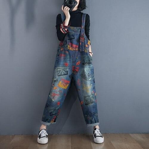 Vintage Women Denim Jumpsuit Casual Plus Size Loose Jeans Overalls Pants Female Graffiti Rompers 2021 New Streetwear Monos Mujer