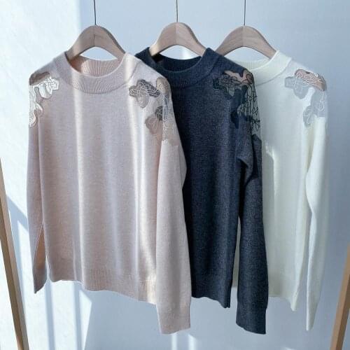 100% Cashmere Womens Sweater Shoulder Lace Mesh Patchwork See-Through Knit Jumpers Embroidery O-Neck Long Sleeve Pullover Tops