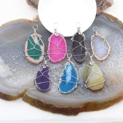 1pcs Polished Irregular Natural Agates Slice Pendant Silvery Wire Wrapped Quartz Slab Necklace For DIY Jewelry Making Women Gift