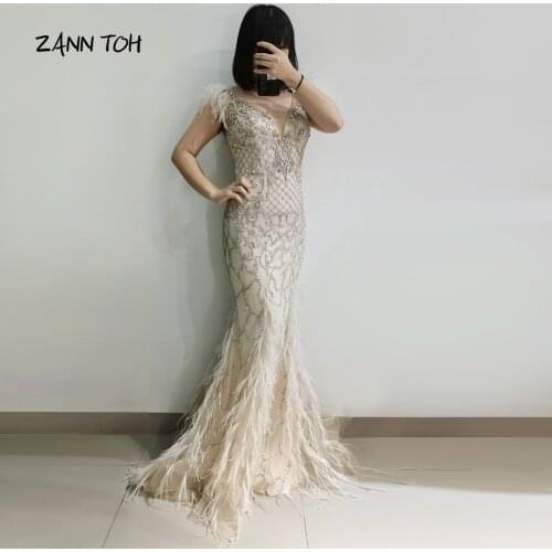2021 Evening Dress Champagne Luxury V-Neck Sexy Mermaid Beading with Feathers Sleeveless cocktail Formal Dress