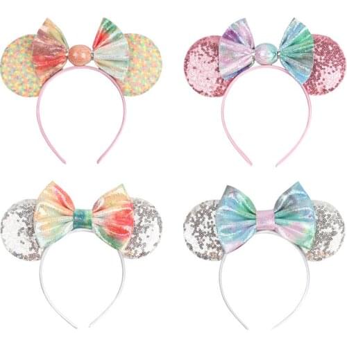 Disney New Arrival Christmas Rainbow Leather Padded Candy Hair Bow Sequins Mouse Ears Hairband Festival Women Headband Headwear