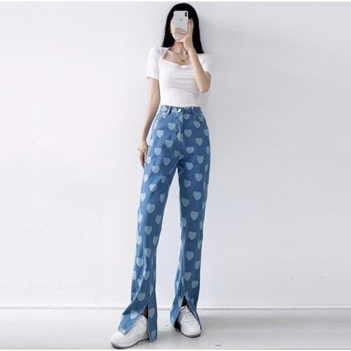 Jeans Women Summer Trousers Female Harajuku Love Printing Loose High Waist Wide Leg Pants Vintage Washed Split Straight Cowboy