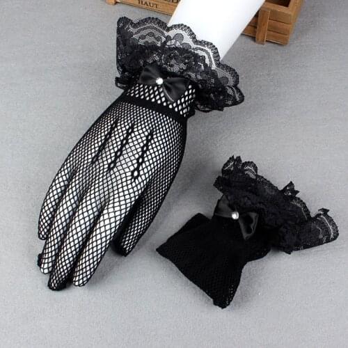 Elegant Ladies Nylon Fishnet Gloves For Women Summer Lace Wrist Mesh Mitten Black White Dance Gloves Retro Gothic Lolita Hot