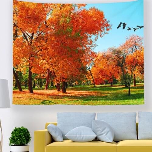 Red Forest Tapestry Mysterious Rainy Foggy Nature Scene Burgundy Tree Leaf Modern Autumn Wall Hanging Hippie Bedroom Living Room