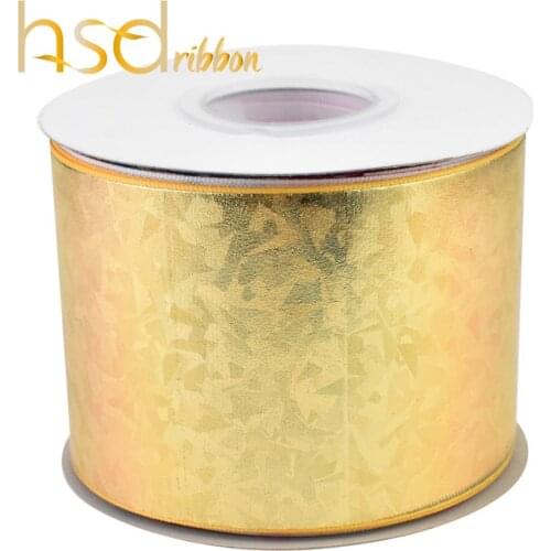 HSDRibbon 75mm 3inch Gold Glass laser Solid foil Printed on grosgrain ribbon