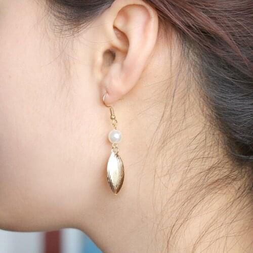 Simulated Pearl Eardrop Double Gold Color Leaf Shaped Water Drop Dangle Pendant Earrings For Women Clip Fashion Jewelry