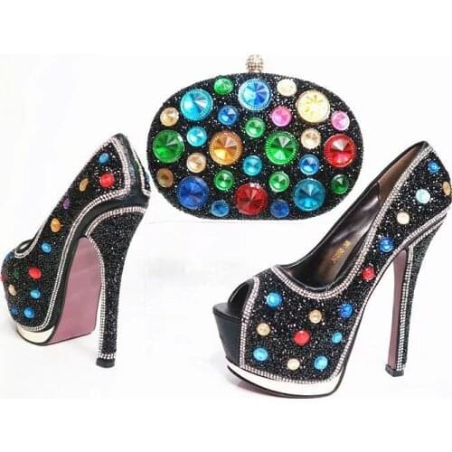 Fashionable black women pumps with big crystal decoration african shoes match handbag set for dress X24