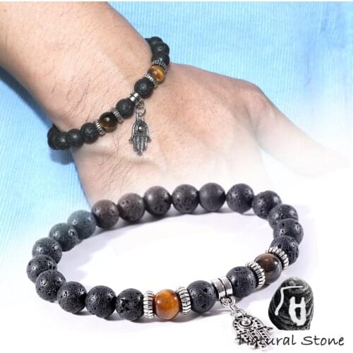 Men Bracelet Natural Tiger Eye Stone Bead Fatima Hand Charm Bracelet Chakra Lava Stone Diffuser Bracelets Men Jewelry Gift