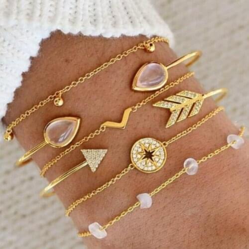 New Arrival Fashion Jewelry Compass Crystal Stone Bracelet Women “V” Alloy Chain Bracelet 6Pcs/Set Accessories Wholesale