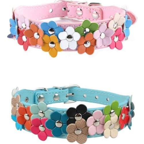 PU Leather Dog Collar Flower Colorful Rainbow Adjustable Buckle Cat Puppy Pet Supplies Cat Accessories