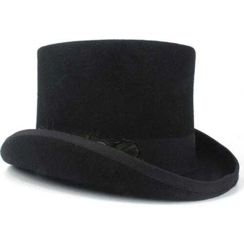 Top 13.5CM Black Feather Top Hat For Women Men Wool Steam Punk Fedora Hat Millinery Goggles Party Cosplay Cap S M L XL