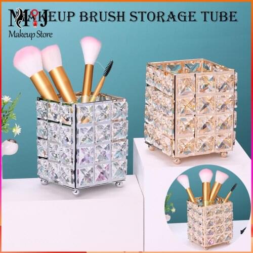 European Elegant Metal Crystal Makeup Brushes Storage Tube Eyebrow Pencil Cosmetic Pens Holder Desktop Jewelry Box Organizer