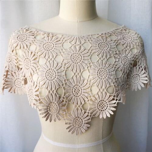 Beige Whole Fabric Collar Embroidered Flower Hollow Appliques Sew On Patch For Dress Decoration Wedding DIY