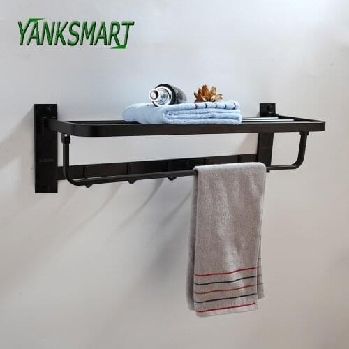 YANKSMART Black Lacquered Stainless Steel Bathroom Wall Mounted Towel Rail Holder Storage Rack With Hook Bathroom Accessories