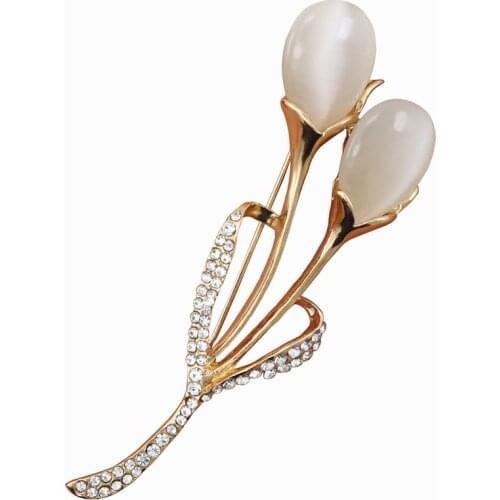 OneckOha Fashion Opal Stone Tulip Brooch Pin Elegant Jewelry Flower Brooches Rhinestone Pin 7*3.5cm