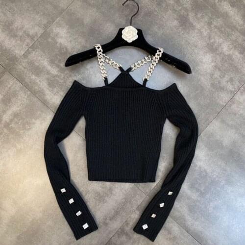 ZCSMLL 2021 Fall Winter Split Diamond Chain Shoulder Strap Women Tops One Shoulder Sexy Slimming Niche KnitTrend Black Pullovers