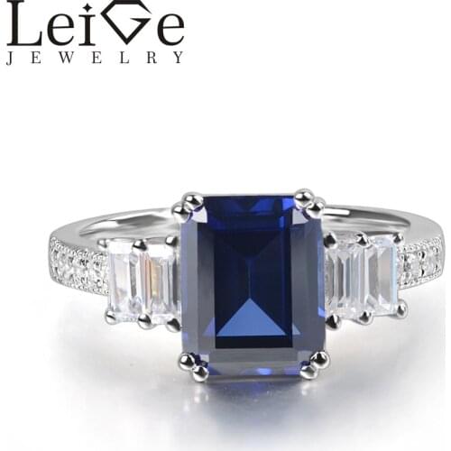 Leige Jewelry Created Sapphire Ring Emerald Cut Blue Gemstone Prong Setting 925 Sterling Silver for Women September Birthstone