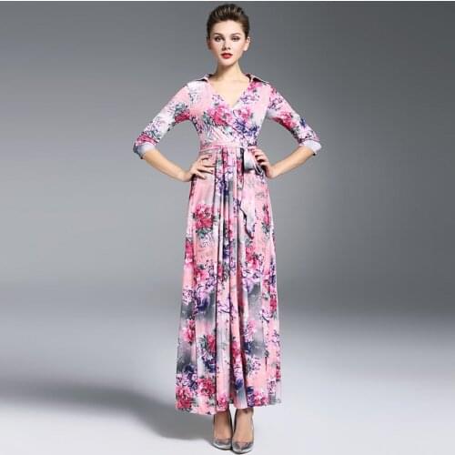 Luxury High Quality 2018 Designer Runway Maxi Dress Spring Women 3/4 sleeve Vintage Floral Printed Long Wrap Dress