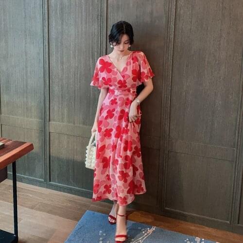 2021 Summer New Ladies Fashion V-Neck Floral Lace Red High Waist Chiffon Dress Long Skirt