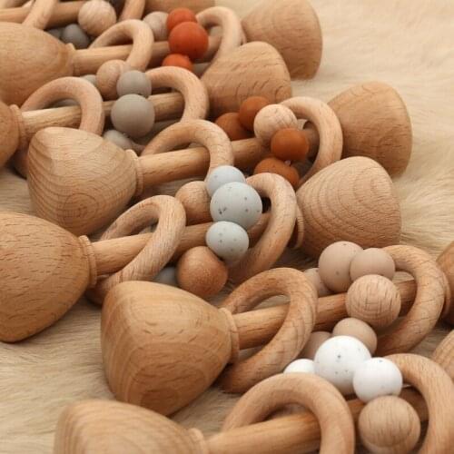 1pc Baby Teether Wooden Music Rattle BPA Free Wooden Gym Ring Rodent Silicone Beads Newborn Educational Montessori Toys D0AF