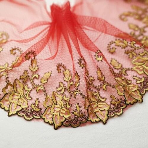 10meters Gold Flower Lace Fabric Embroidered Trim Mesh Red Ribbon DIY Wedding Garment Sewing Craft Accessories 25cm Wide