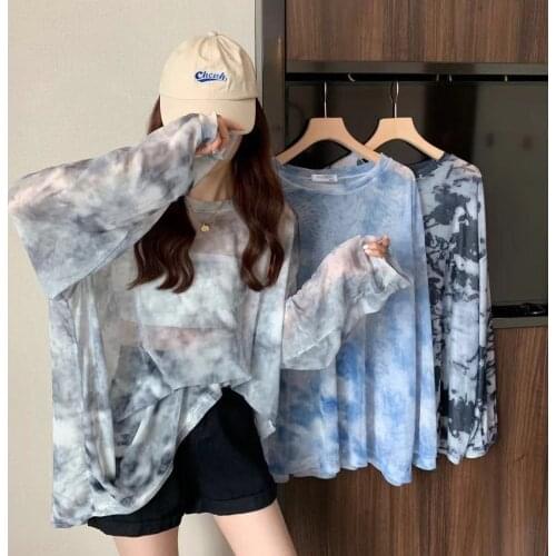 2021 sexy transparent tie dyed mesh sunscreen top womens summer long sleeve T-shirt thin ice silk