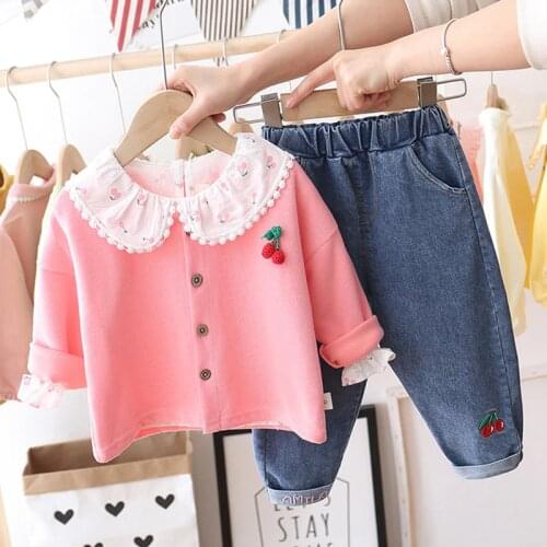 Baby Girls Sweet princess 3pcs Suits Spring New Children Cardigan+ cherry Jeans+Printed Large lapel Shirt 3pcs Sets Child Kids