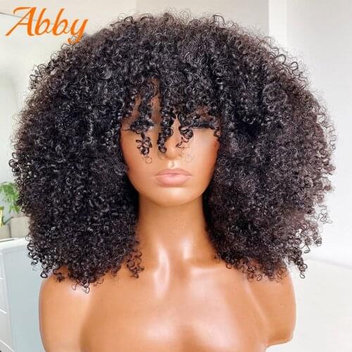 Afro Kinky Curly Wig With Bangs Full Machine Made Gluless Wigs Brazilian Short Bob Human Hair Wigs 180% Density Afro Curly Wigs