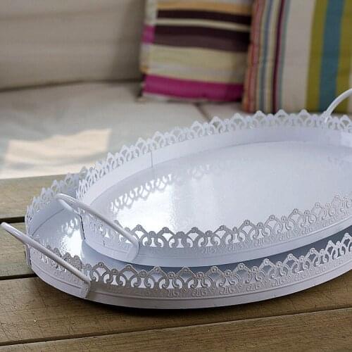 White Oval Cake Pan Metal Cake tray pastry fruit dessert tray plate with lace around with handle birthday wedding decoration 629