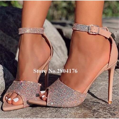 Bling Bling Pointed Open Toe Rhinestone Stiletto Heels Sandals Shining Crystal Ankle Strap Buckle High Heel Sandals Dress Heels