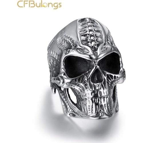 CFBulongs Retro Antique Silver Color High Quality Stainless Steel Skull Mens Ring Punk Rock Motorcycle Boy Finger Ring Party