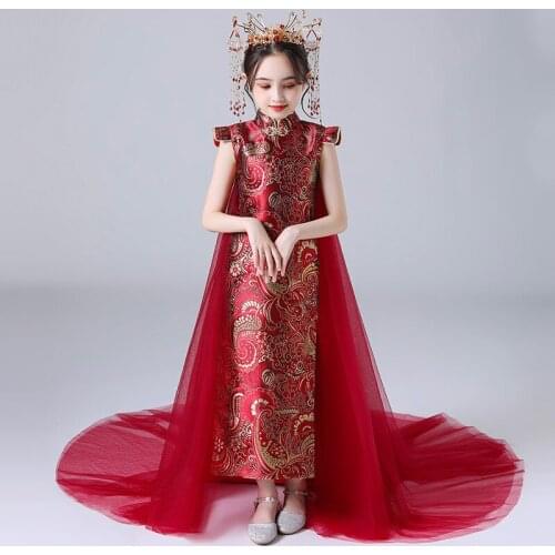 Chirldren Oriental Style Evening Dresses Kids Vintage Qipao Party Gown Tailing Cheongsam Girl Satin Chinese Traditional Clothing
