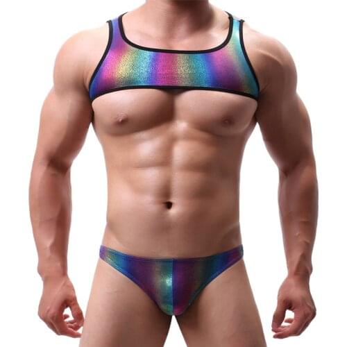 Men Chest Harness Exotic Tanks+Briefs Sets PU Leather Rainbow Shoulder Strap Bodybuilding Shiny Stage Costume Gay Crop Top Suits