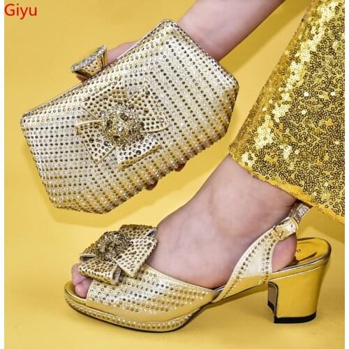 Doershow new come Matching Women Shoe and Bag Set Decorated gold Nigerian Shoes and Bag Set Italy Shoes and Bag set HLC1-10