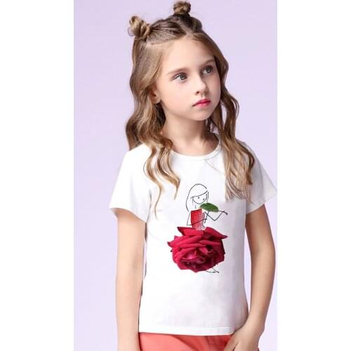 Aesthetic Cute Baby Girl Clothes Rose Girl Violin Printed Kids T shirt Summer Cozy Fine Childrens Clothing Casual Girls T-shirt