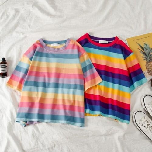 New casual tshirt loose rainbow striped O-neck short-sleeved women t-shirt tops female t shirt cloth Harajuku clothes brandy