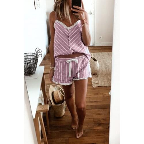 2PCS Women Summer Casual Striped Lace Clothing Set V-Neck Sleeveless Vest Top + High Waist Shorts Sleeping Set