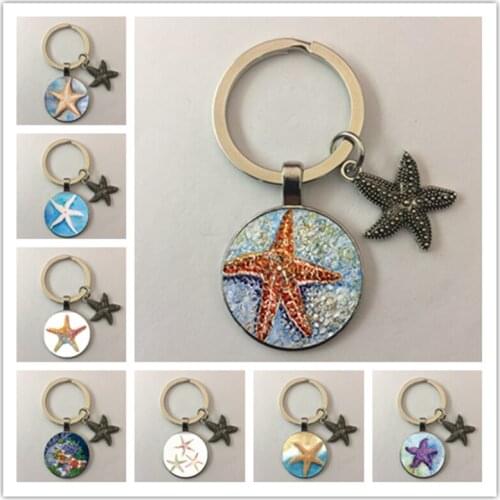 Starfish pattern round glass cabochon keychain starfish pendant keychain key ring the best gift for friends