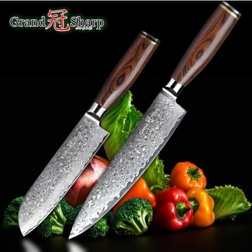 GRANDSHARP 2pcs Damascus Knife Set 67 Layers Japanese Damascus Steel vg10 Chef Santoku Kitchen Knives Cleaver FREE SHIPPING GIFT
