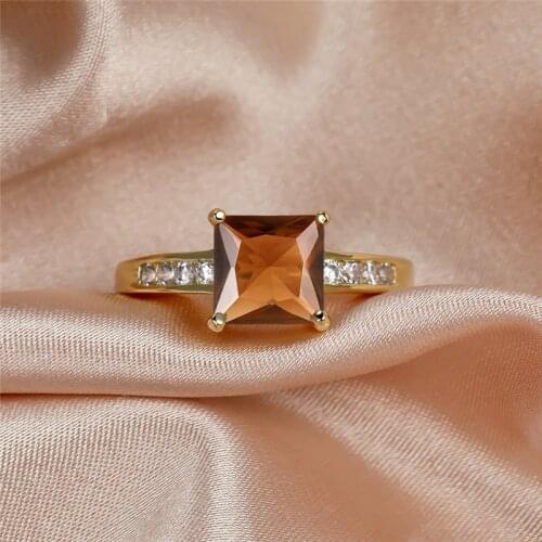 Princess Cut Champagne Zircon Ring Square Coffee Stone Rings For Women Birthstone Jewelry Vintage Yellow Gold Brown Crystal Ring