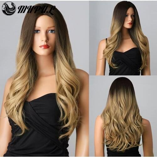 Brown Gold Ombre Wavy Synthetic Wig For White Women Long Daily Fiber Girl Long Heat Resistant Hair Blonde Cosplay Fiber Girl Wig