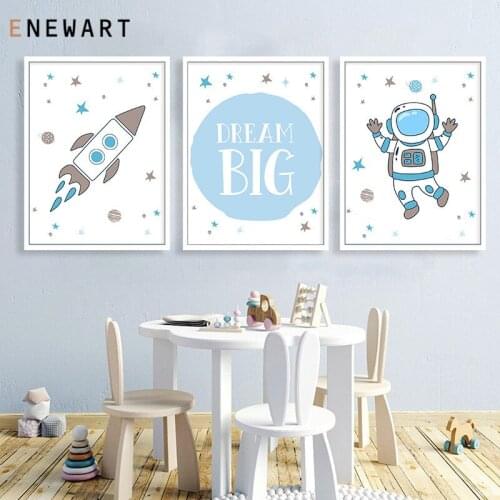 Rocket Astronaut Cartoon Wall Art Canvas Poster Nursery Quote Dream Big Prints Nordic Painting Picture Child Dedroom Decor