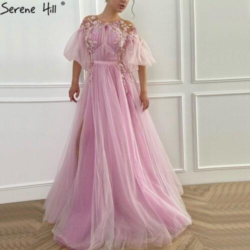 Pink A-Line Long Puff Sleeves Evening Dresses 2020 O-Neck Beading Formal Dress Design Serene Hill BLA70592