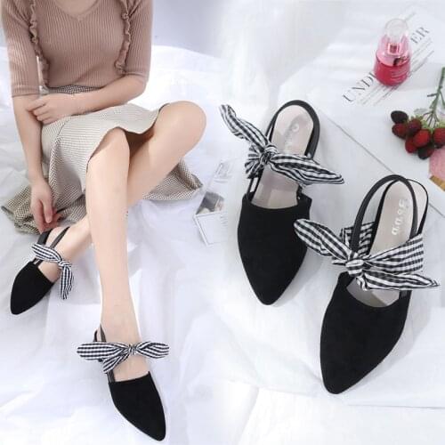 Plaid Butterfly-knot women sandals pointed toe sandales summer ladies shoes mules thick heels elastic band sandalias mujer 2021